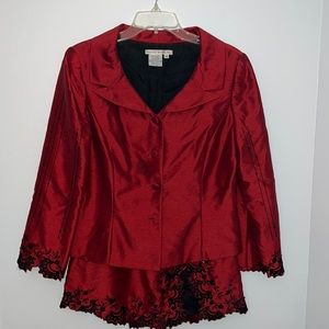 Laggy London Skirt Suit Set: Red with Black Embroidery and Sequins Detail